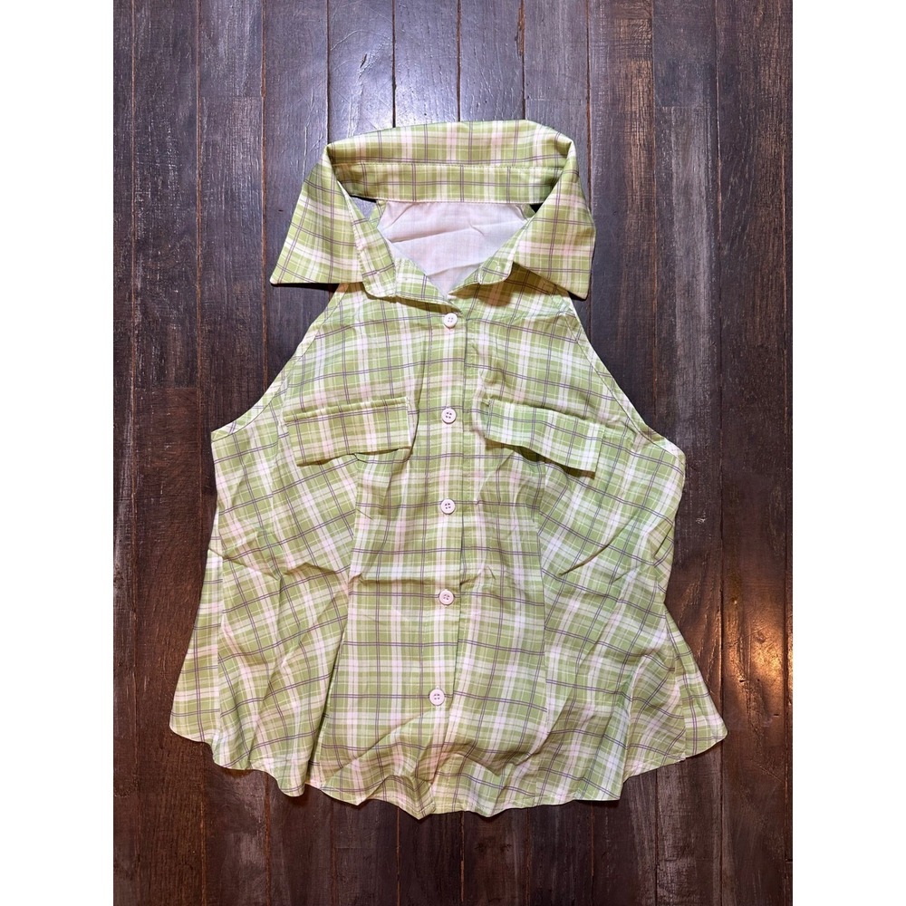 SHEIN Green Plaid Halter Top Sleeveless Button Down‎ Tie Back Cutout Blouse